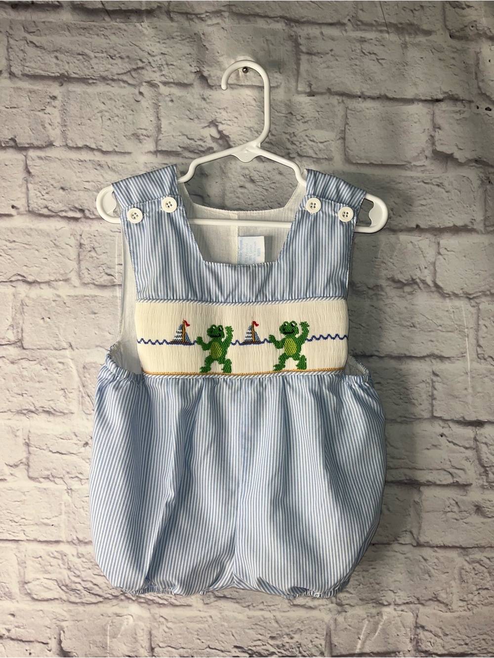 Blue Striped Smocked Frog Bubble Romper Youth Boys Sailboat 18 months Short alls